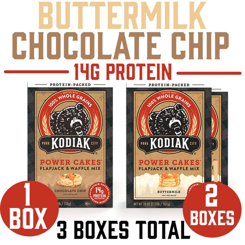 Pack 100% (2, 20oz) (1, 18oz) Kodiak Cakes Power Cakes Variety - Protein Pancake Mix Just Add Water - Whole Grain