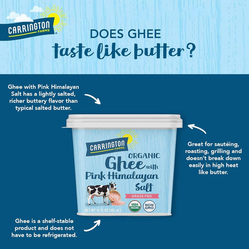 12oz, USDA Certified Organic Grass Fed Ghee with Himalayan Salt, Carrington Farms