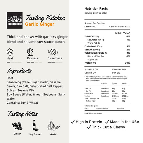 10g 1 (16 oz) Peoples Choice Beef Jerky Tasting Kitchen Garlic Ginger Sweet & Savory Protein Made in USA Pound Bag