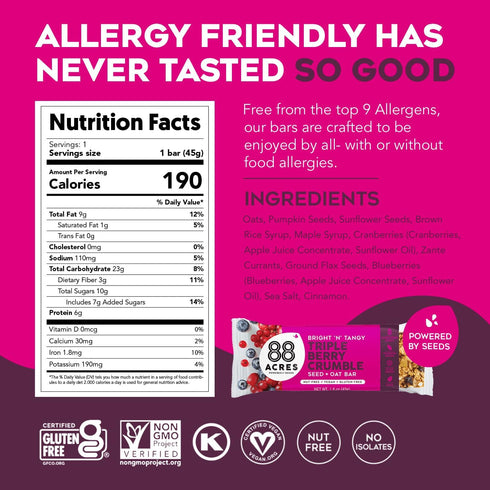 88 12 Count, Acres Granola Bars, Triple Berry Crumble, School Safe, Allergen Free Seed & Oat Snack Bar, Gluten & Nut