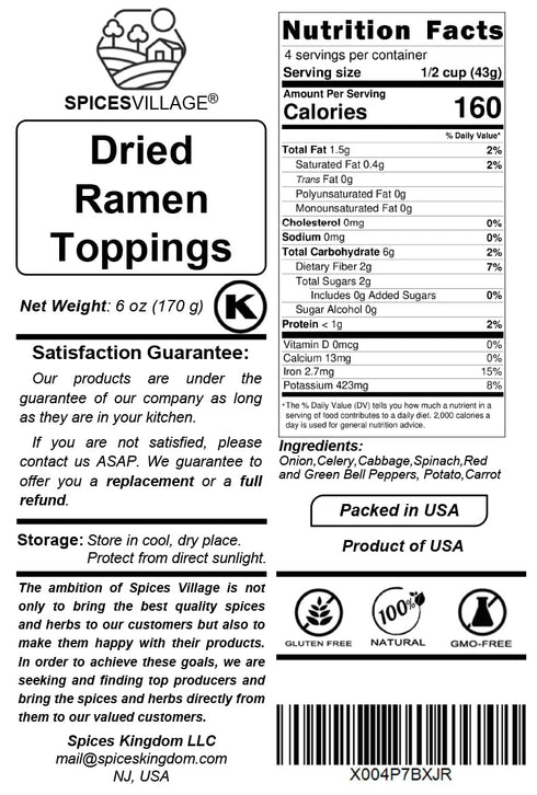 6 oz, Spices Village Dried Vegetables, Dried Ramen Toppings, Less Carrots More Bell Pepppers, Non GMO, Kosher