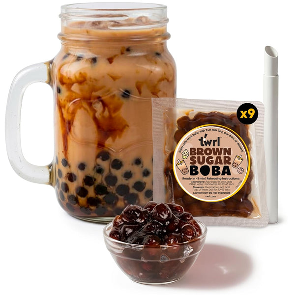 Twrl Brown Sugar Boba 9PK with Straws, Chewy Boba Pearls for Bubble