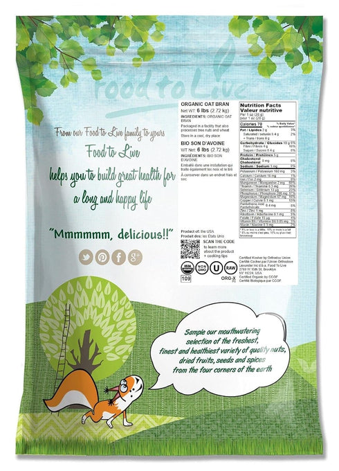 6 Food to Live Organic Oat Bran, Pounds Non-GMO, Kosher, Raw, Vegan, Bulk, High Fiber Hot Cereal, Milled from High