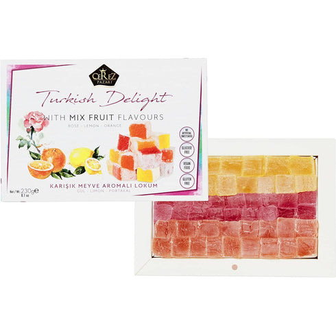 Cerez Pazari Turkish Delight with Rose, Orange and Lemon Mix Flavours 8.1 Oz - Vegan Candy Dessert Gift Box, Approx.