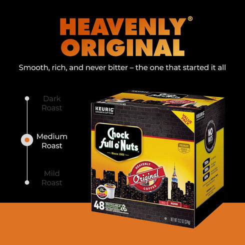 1 Pack 48 Chock Full o' Nuts Heavenly Original Keurig K-Cup Pods for Keurig Brewers Premium Arabica, Medium Roast