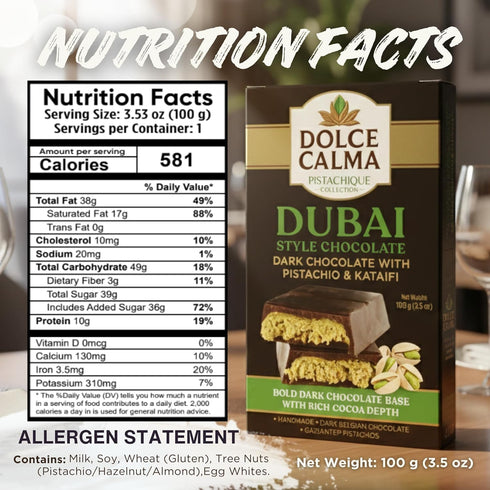 (100g 3.5oz) Dolce Calma Dubai Chocolate Bar Dark / Viral Authentic Handmade Belgian Chocolate with Turkish Pistachio