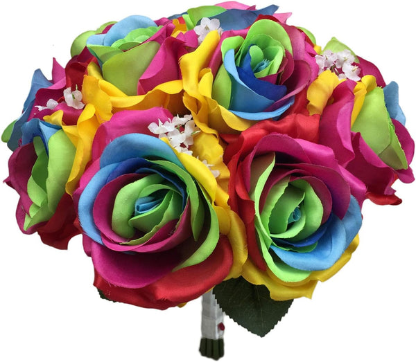 Silk Rainbow Rose Flowers Bouquet Boutuniere (Wedding Bouquet A)