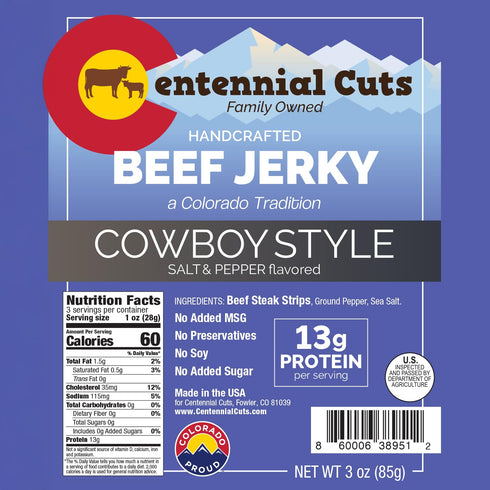 3 3 oz Centennial Cuts Beef Jerky Cowboy Style - High Protein, Zero Sugar & Zero Carbs, Simple Ingredients Snack