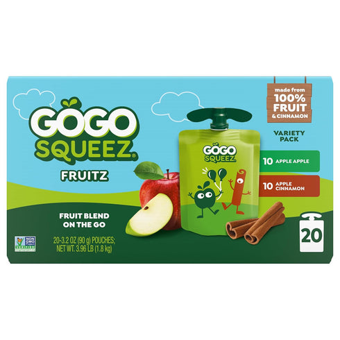 Pack, 3.2 oz (Pack 20), GoGo squeeZ No Sugar Added Applesauce and Fruit Puree Variety Apple & Cinnamon, Pouches