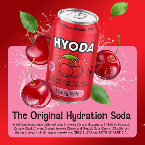 12 OZ 12 Pack HYODA Cherry Soda, Gluten Free and Vegan Sparkling Electrolyte Drink, Made with Organic Cherry Juice