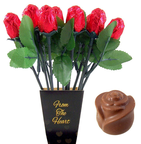 Meet Novelty Dozen Valentine Chocolate Flower Bouquet | One Red Sweetheart Roses | Individually Wrapped in Foils