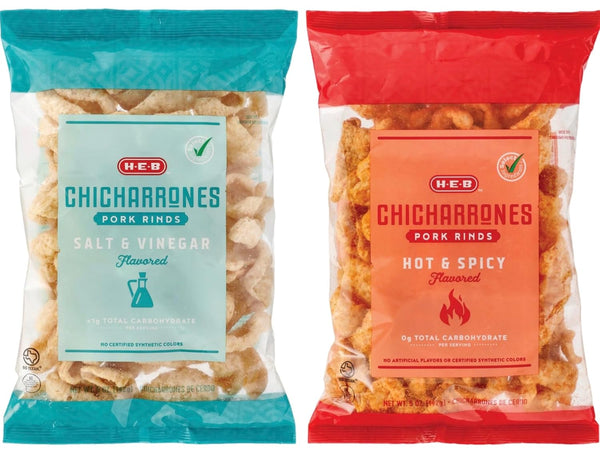 border merchant heb chicharrones pork rinds salt & vinegar | hot & spicy 5oz.