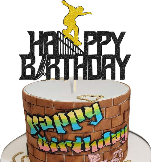 Glitter Happy Birthday Skateboard Cake Topper for Extreme Sport Skateboarding Graffiti Theme Birthday Party Decorations