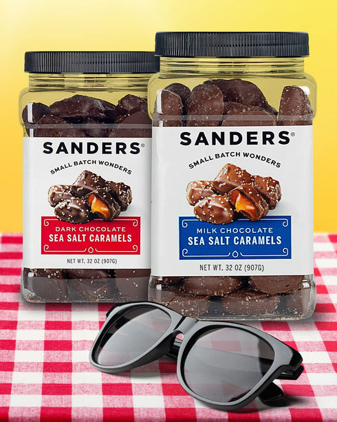 (32 oz Sanders Milk Chocolate Sea Salt Caramels Tub) Handcrafted Small Batch Slow Cooked Caramel, Sea Salt Chocolate
