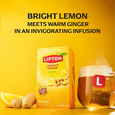 20 Lipton Lemon Ginger Tea Bags, caffeine free Tea, Refresh Fruit and Herbal Tea, Individually Wrapped, Tea Bags