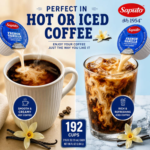 192 Count Pack French Vanilla Coffee Creamer Cups Single Serve Non-Dairy Creamer No Refrigeration Needed Rich Vanilla