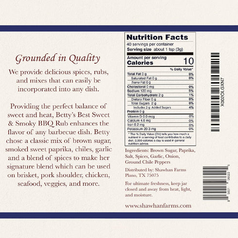 Shawhan Farms Betty’s Best Sweet & Smoky BBQ Seasoning, Non-GMO, Perfect for Grilling
