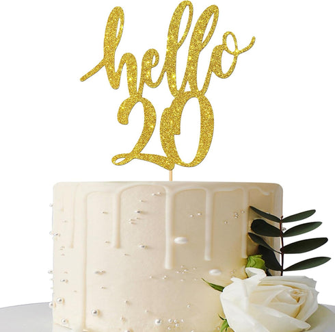 Hello 20 Cake Topper, 20th Birthday/Anniversary Party Decoration Supplies (Gold)