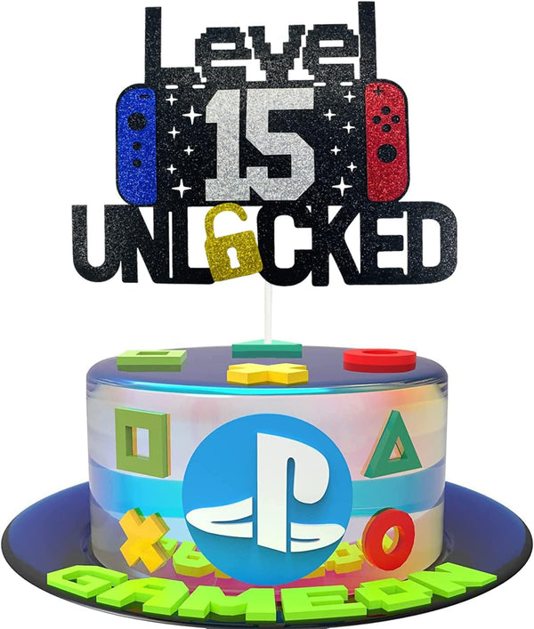 Happy 15th Birthday Video Game Cake Topper, Level 15 Unlocked Decoration for Kids Boys Girls Birthday Party