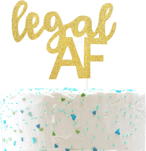 Legal AF Birthday Cake Topper for 18th, 19th, 21st Birthday Party Decorations, Double Sided Gold Glitter