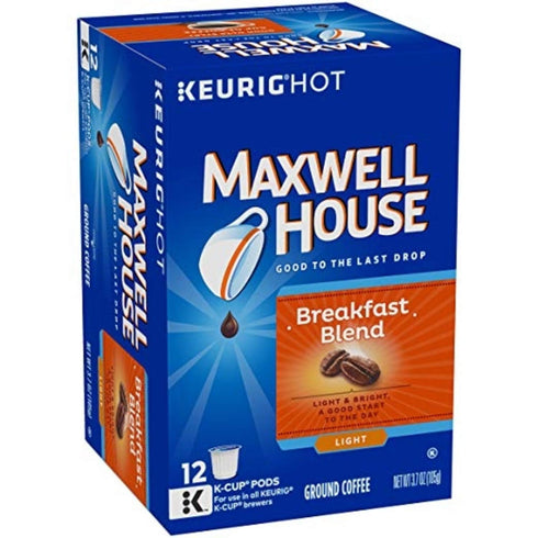 12 count (Pack 1) Maxwell House Breakfast Blend Ground Coffee, Light Roast K-Cup Pods