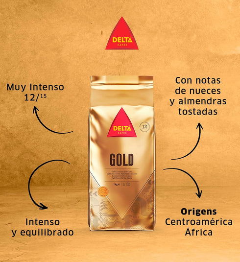 1kg/35.2oz, 12, Delta Cafs Gold Whole Bean Coffee Intensity Arabica Roasted - Cereal and Popcorn NotesNaturally Roasted