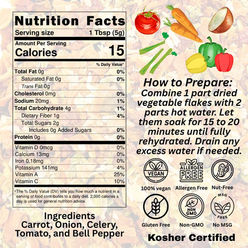 SavorSatch 16oz Pack Dehydrated Mixed Dried Vegetable Flakes - Resealable Pouch | Bulk | GMO-Free & Wheat Gluten-Free |