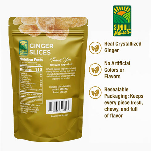 Sunhill Naturals Crystalized Ginger Slices, Dried Slices with Natural Sweetness, Premium Ginger Pieces, Sweet & Spicy