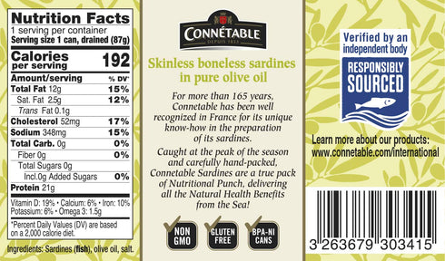 4.375 Pack 12 Sardines | Connetable | Sardines in Pure Olive Oil | Skinless Boneless | Ounce |