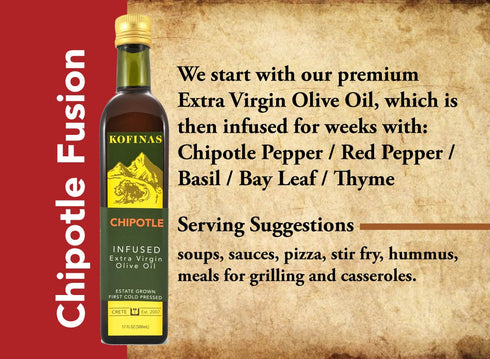 500 Ml (17 Oz) Chipotle Infused Extra Virgin Cold Pressed Olive Oil (Chipotle Pepper, Thyme, Red Pepper, Basil, Bay