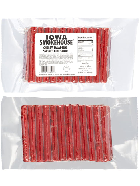 27 oz IOWA SMOKEHOUSE Smoked Beef Sticks, Cheesy Jalapeno - Protein Meat Snack - Sealed & Ready to Eat Sticks, Made