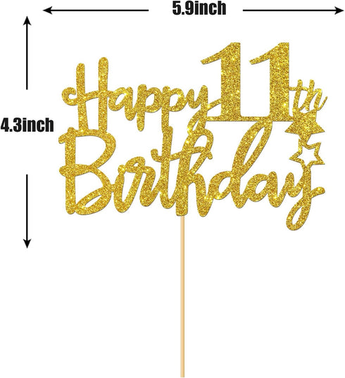 Gold Glitter Happy 11th Birthday Cake Topper - 11 Sign Cake Topper for 11th Birthday Party Supplies