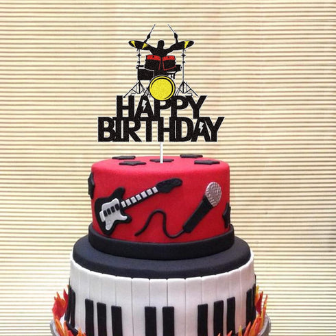 LINGBOOM Drummer Drum kit Happy Birthday Cake Topper Black Glitter Musical Music Notes Cake Decorations Music Player