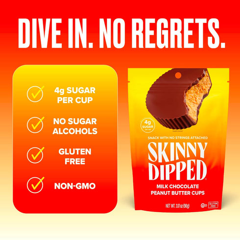 SkinnyDipped Milk Chocolate Peanut Butter Cups, Low Sugar, Gluten Free, 3.2oz Bag, 4 Pack (24 Cups Total)
