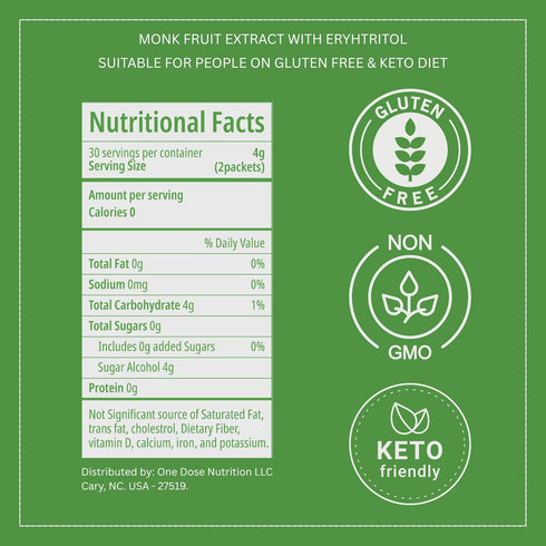 60 Count (Pack 1) Carbon Sweeteners Monk Fruit Sweetener With Erythritol, White Sugar Substitute From Monk Fruit