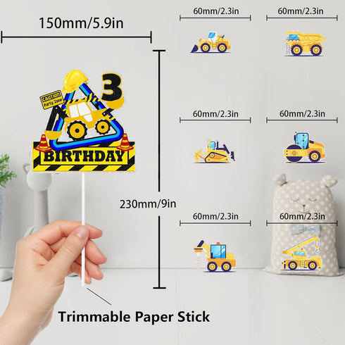 SugarGera 3rd 7-Piece Set, (3rd) Construction Cake Toppers for Kids Engineering Themed Happy Birthday Dump Truck