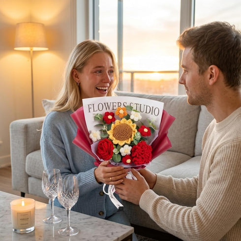 Ginwrek Crochet Flower Bouquet - Knitted Roses & Tulips, Long-Lasting Bouquet of Crochet Flowers for Birthday, Mother