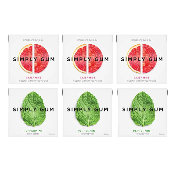 SIMPLY Gum Peppermint and Grapefruit (Cleanse) Variety Pack - 6 Pack (90 Pieces) Natural Plastic-Free Chewing Gum