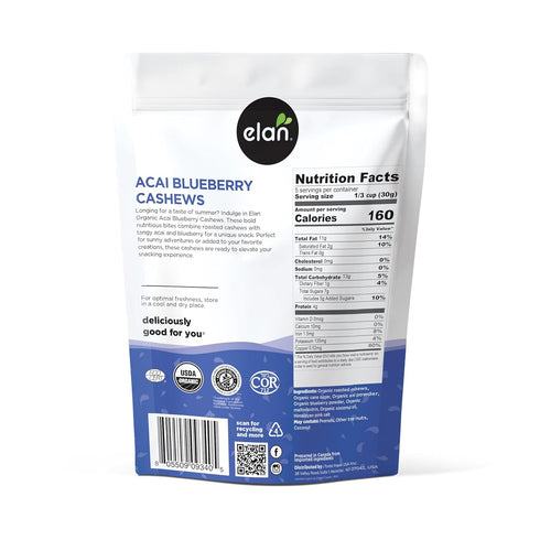 5.3 oz, Elan Organic Acai Blueberry Cashews, Non-GMO, Vegan, Gluten-Free, Kosher, Glazed Nuts (Roasted Cashews, Acai