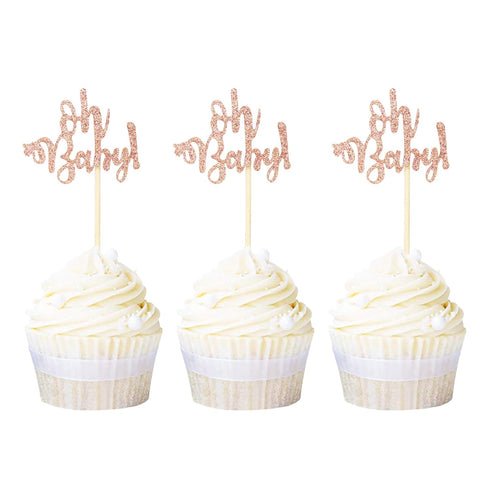 Ercadio 24 Pack Oh Baby Cupcake Toppers Rose Gold Glitter Cake Decorations for Baby Shower Birthday Party