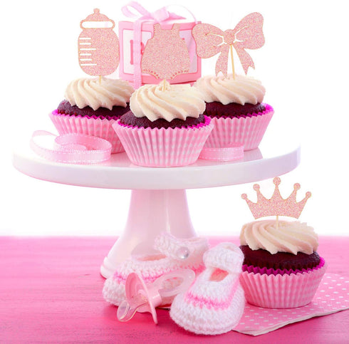 48 Pieces Baby Shower Cupcake Toppers for Girls, Glitter Pink Baby Girl Food Picks