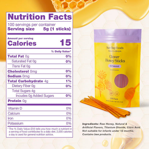 SB Organics 100 Count Packets SBO Honey Sticks - of Raw Unfiltered Non-GMO Single Serve Pure Honey Stick for Tea
