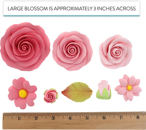 Set, 9 Count Global Sugar Art Roses & Blossoms Sugar Cake Flowers Pink, with leaves by Chef Alan Tetreault