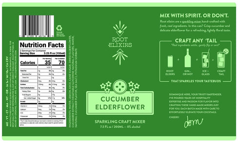 200ml (8-Pack) Root Elixirs Cucumber Elderflower Sparkling Cocktail Mixer, Zero-Proof Mocktail Mixer, Real Citrus +