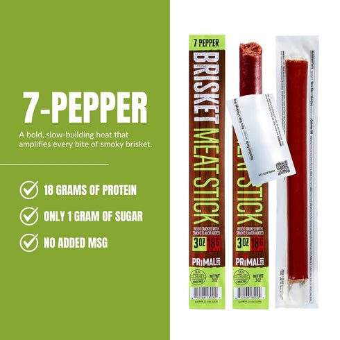 7-Pepper 100% 3oz 10-Pack 18g Primal Eats Beef Brisket Meat Sticks, - Lean Meat Protein Keto, Paleo, Carnivore, Gluten