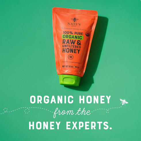 100% 14 oz. Nate's Organic Honey - Pure USDA Organic Raw & Unfiltered Honey - Two No-Drip Sustainable Squeeze Pouches
