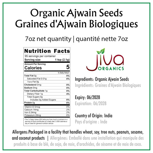 Jiva Organics Organic Ajwain Seeds 7 Ounce Bag - Whole Carom Seed, 100% Natural & Non-GMO Ajamo