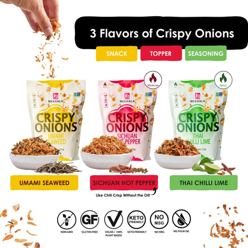 Pack 2.5oz (3-Pack) Mekhala Crispy Onions Variety - Salad Toppings Crunchy Fried Onions For All-Purpose Seasoning Like