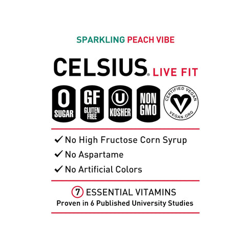 12 Oz (Pack 12) CELSIUS PEACH VIBE Sparkling White Peach, Sugar Free Energy Drink, Fl