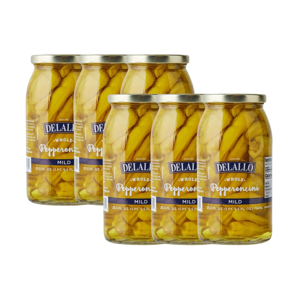 DeLallo Mild Pepperoncini Peppers, 25.5 Ounce Jar 6 Pack, Whole Yellow Pickled